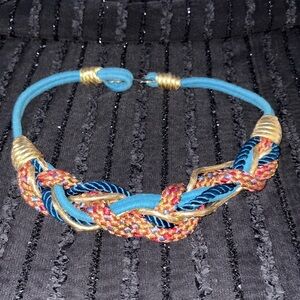 🧶 Vintage 1980s Rhea Knotted Macramé Belt – Gold, Dark Teal & Rust